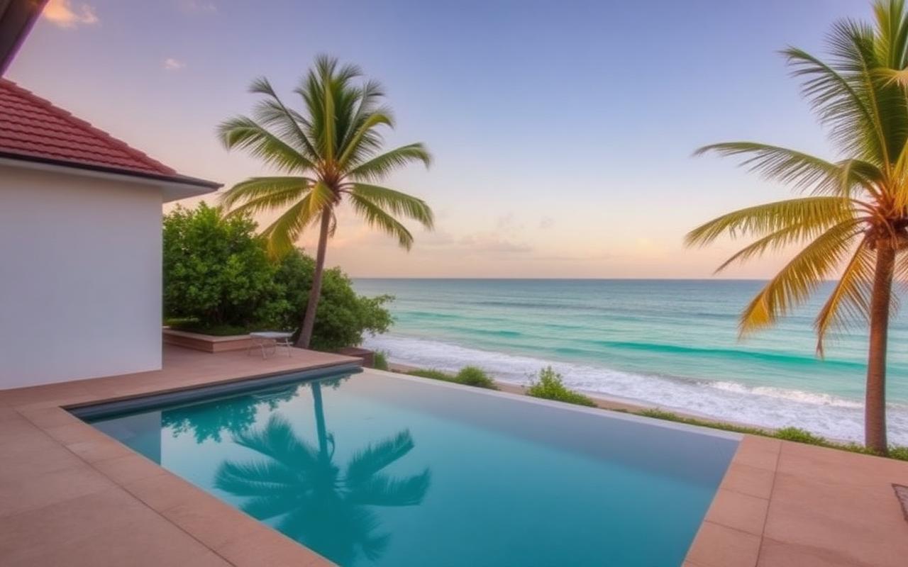 Kapparatota coastal Weligama Sri Lanka quiet area with a small whitewashed boutique villa, infinity pool overlooking turquoise sea, palm trees and peaceful golden-hour atmosphere