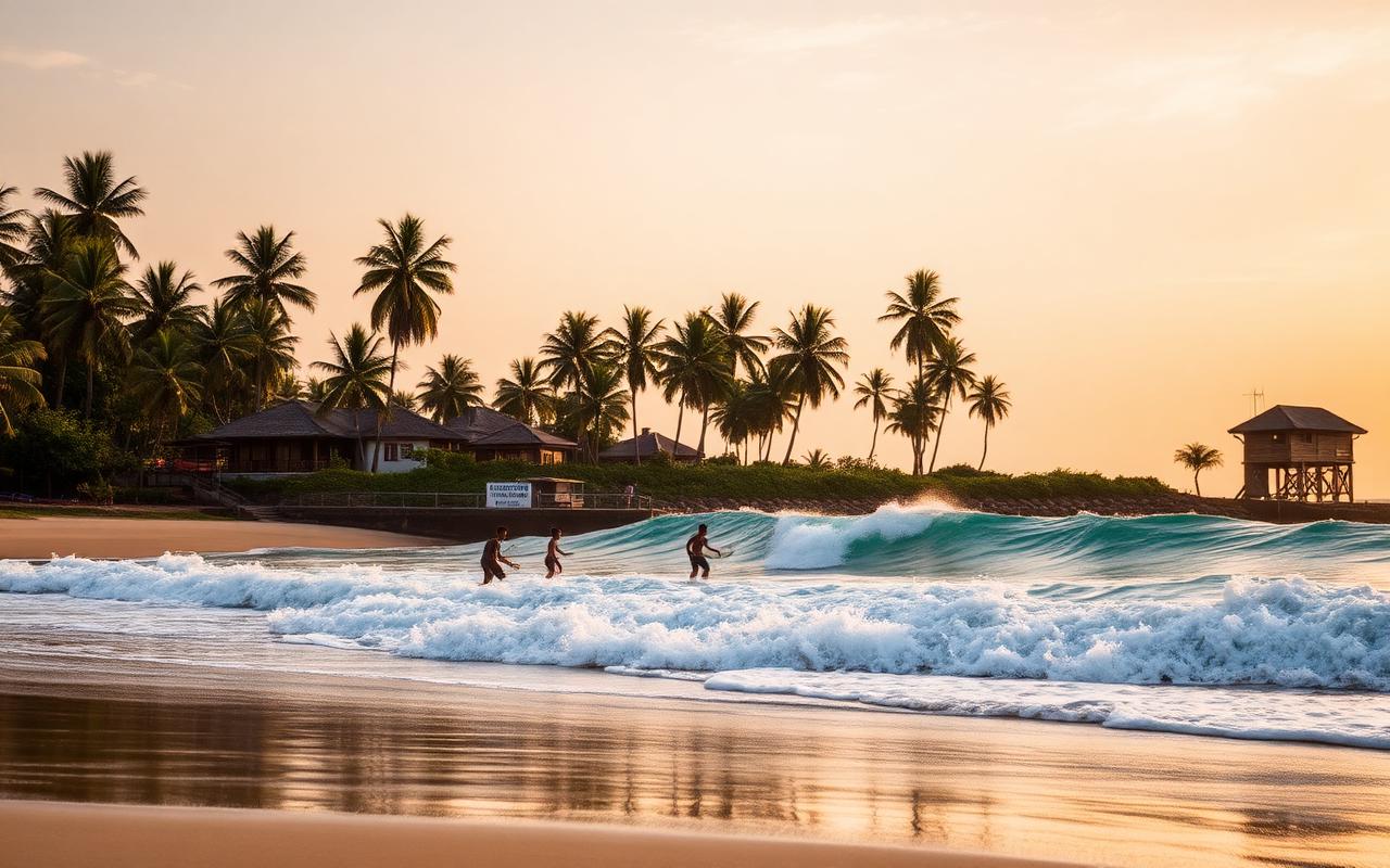 Midigama beach Sri Lanka south coast surf spot with surfers paddling out at a reef break, palm trees and small surf guesthouses set back from the beach in golden afternoon light