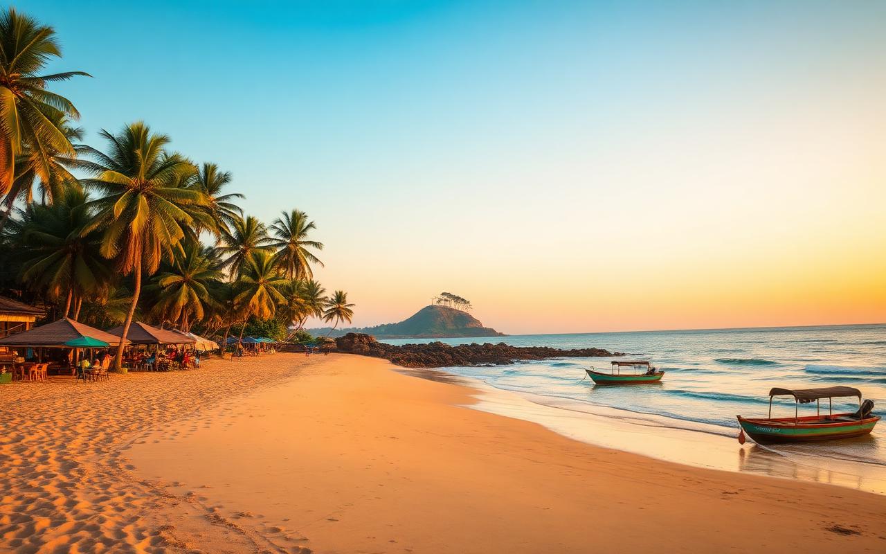 Mirissa beach Sri Lanka south coast at golden hour with crescent sandy bay, palm trees, small fishing boats, casual beach restaurants and Coconut Tree Hill in the distance