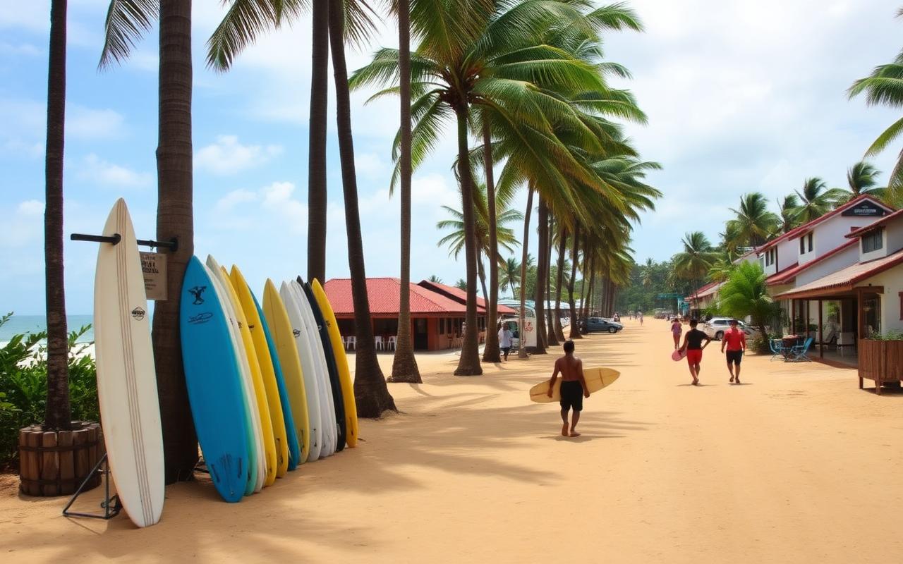 Pelena beach road Weligama Sri Lanka with surfboards leaning against palm trees, small surf school sign, casual guesthouses and cafes along a sandy beach lane and surfers walking with boards