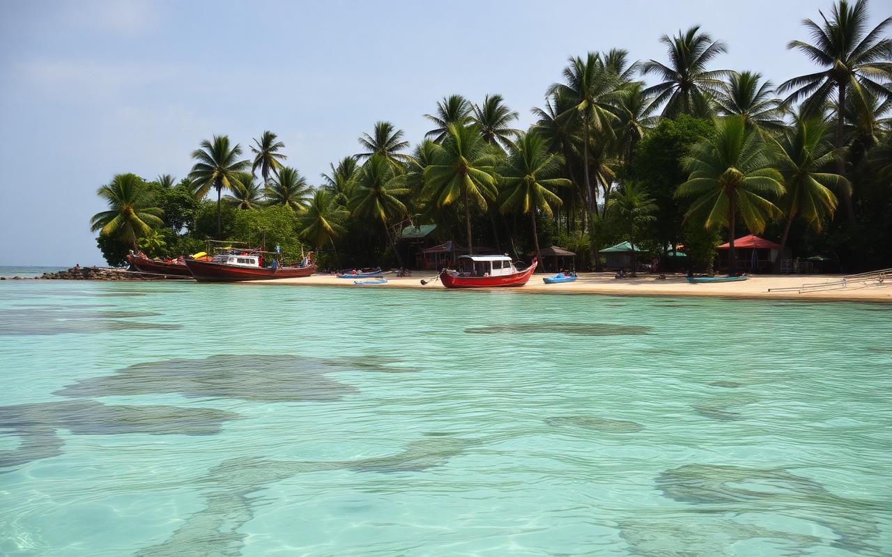 Polhena beach Matara Sri Lanka south coast with calm shallow reef-protected bay, snorkelers in clear water, palm trees, small fishing boats and a quiet local atmosphere