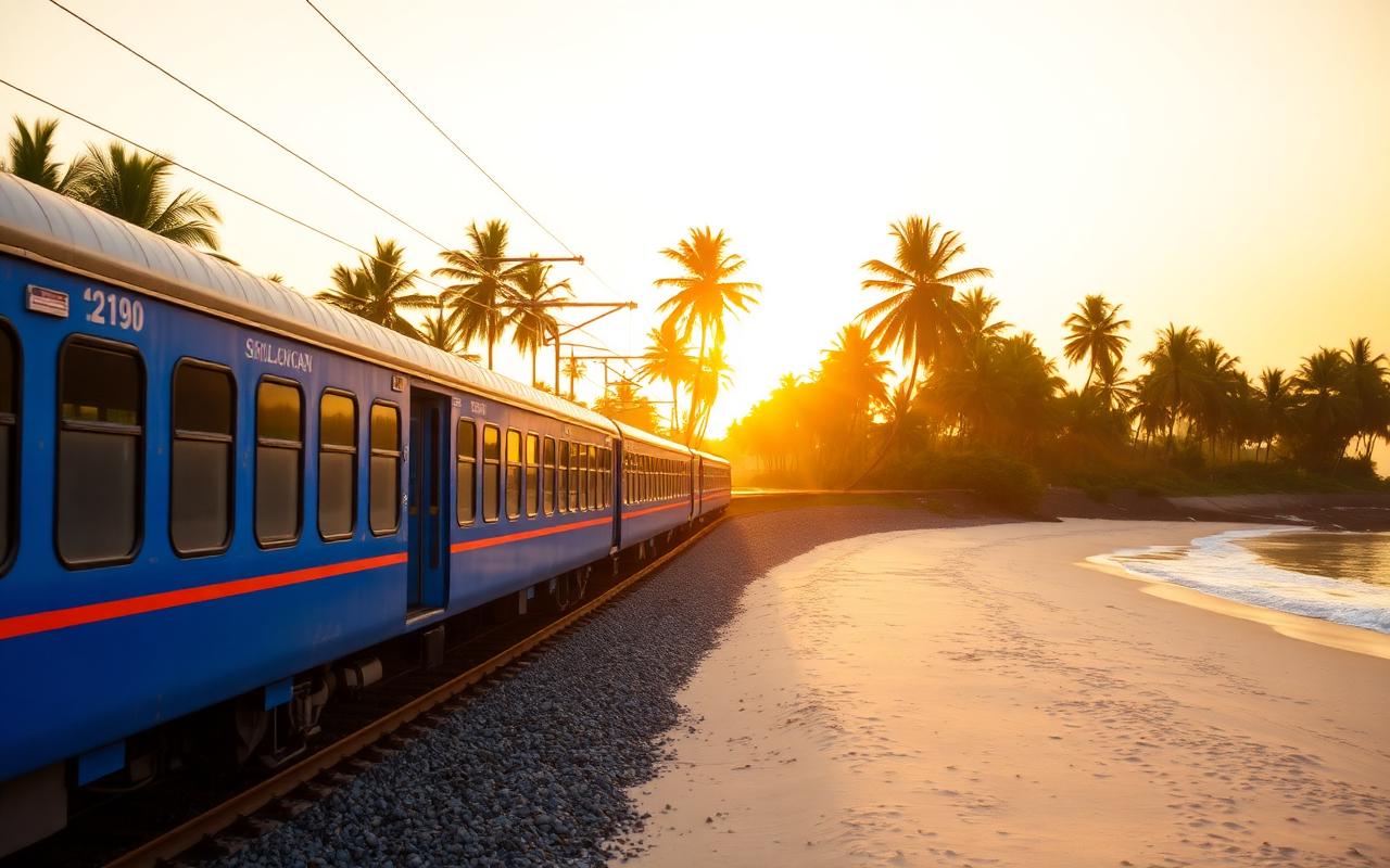 Sri Lankan blue commuter train running along the south coast railway between Weligama and Mirissa beside palm trees and the Indian Ocean at golden hour