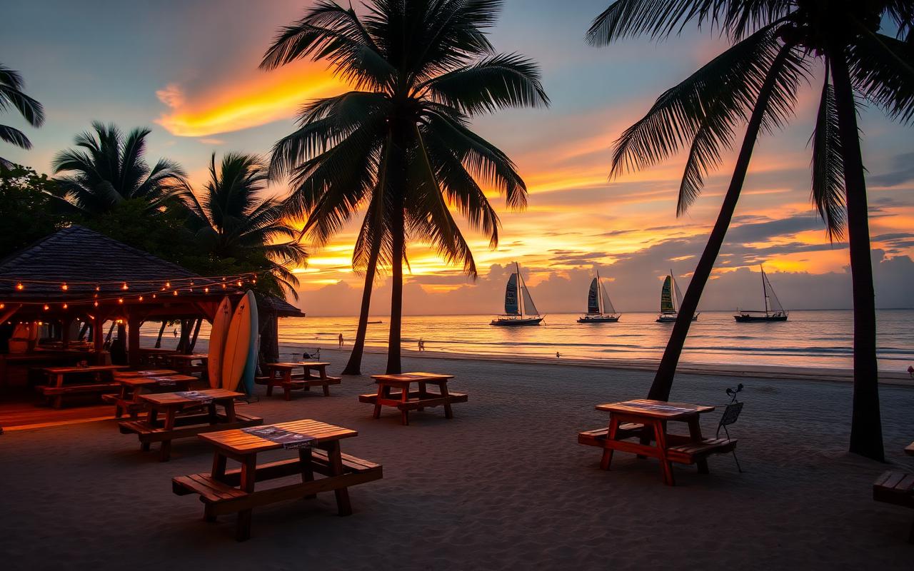 Beach restaurant Weligama Sri Lanka at sunset with wooden tables on the sand, surfboards leaning against palm trees and outrigger sailing boats offshore