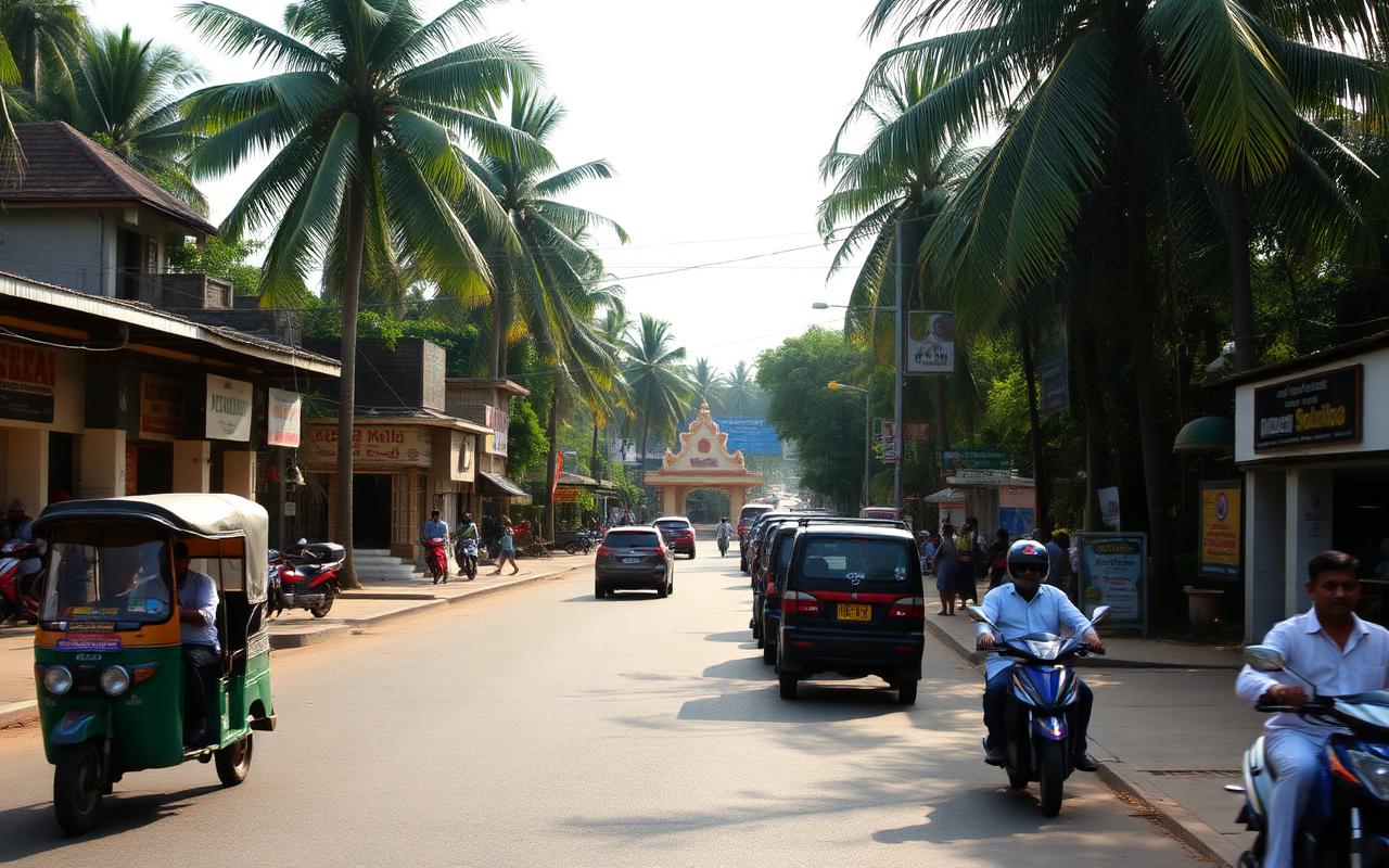 Central Weligama town Sri Lanka along the Matara Road with low-rise shops, tuk-tuks, motorbikes, a small Buddhist roadside shrine and palm trees in afternoon light
