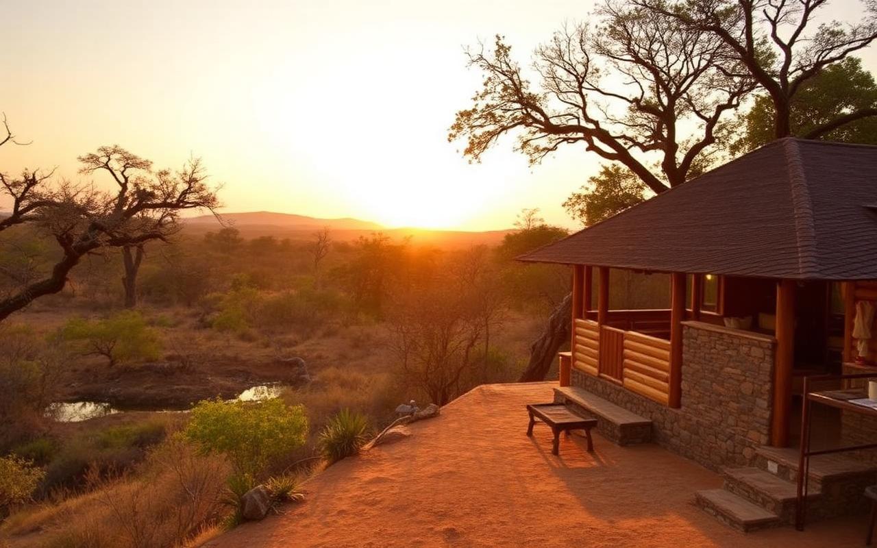 Yala buffer zone nature lodge Sri Lanka at golden hour with low-rise stone-and-timber lodge nestled in dry-zone bush overlooking a small waterhole