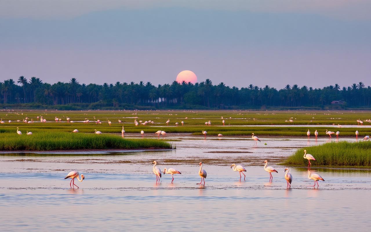 Bundala National Park Sri Lanka wetland at sunrise with calm lagoon, flamingos in shallow water and palm trees in the background