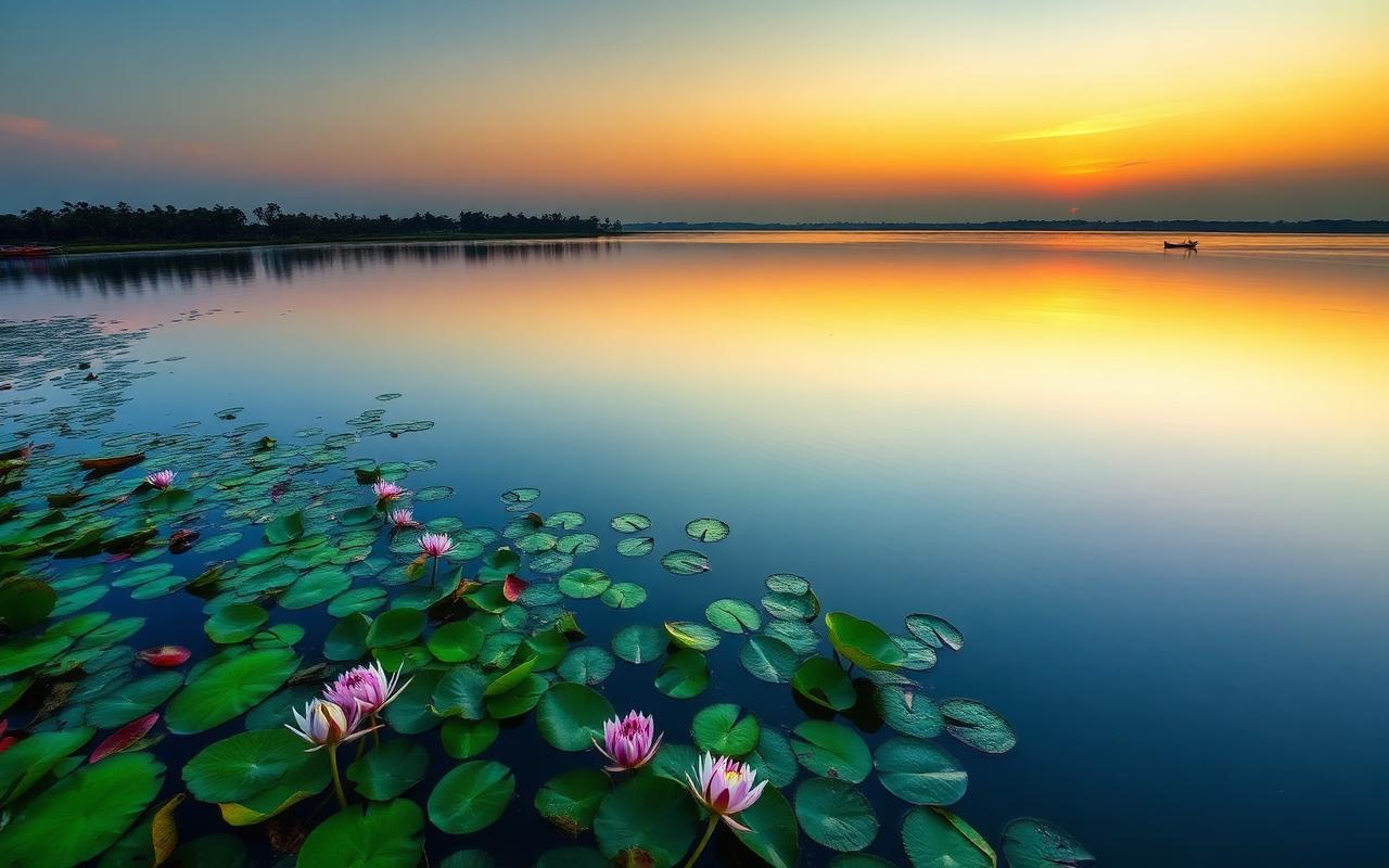Debarawewa lake near Tissamaharama Sri Lanka at sunset with calm water, lotus flowers, distant palm-lined shore and a small fishing boat