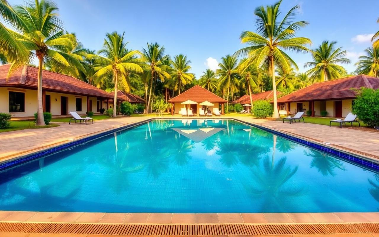 Family safari resort near Yala Sri Lanka with large pool, palm trees and low-rise resort buildings in warm afternoon light
