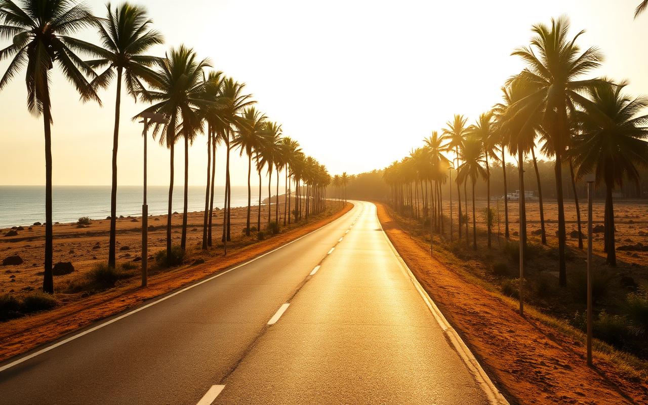 Hambantota southern Sri Lanka coastal road at golden hour with palm trees lining a quiet road, dry landscape and the sea on one side