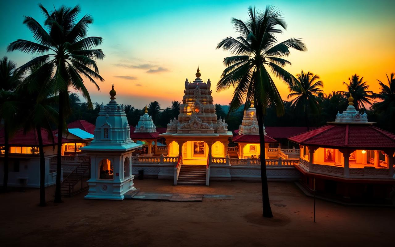 Kataragama temple complex Sri Lanka at dusk with traditional white shrine buildings, warm yellow lights and palm trees