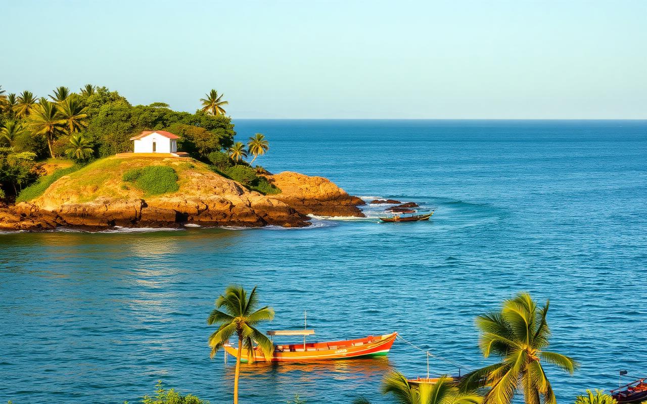 Kirinda coast Sri Lanka with rocky headland, small whitewashed temple on a rock above the sea, palm trees and fishing boats below in warm afternoon light