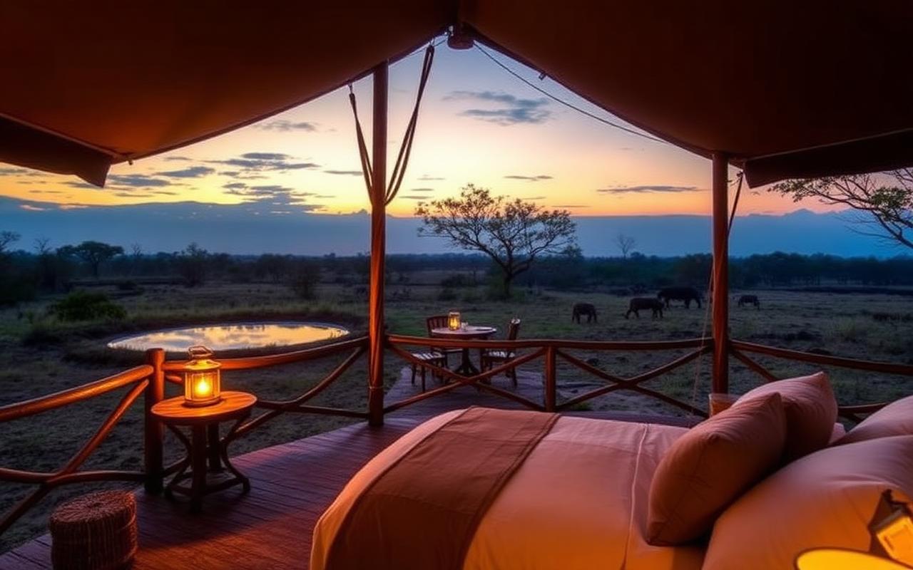 Luxury safari tented lodge near Yala Sri Lanka with canvas tent suite, wooden deck and a waterhole at sunset