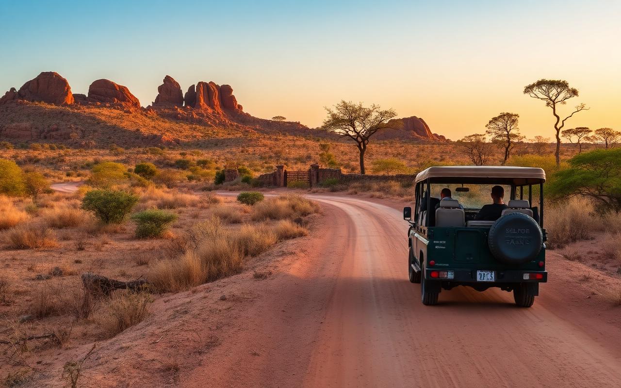 Palatupana Yala park gate area Sri Lanka with safari jeep on a red dirt track at golden hour, dry-zone scrubland, rocky outcrops and acacia trees
