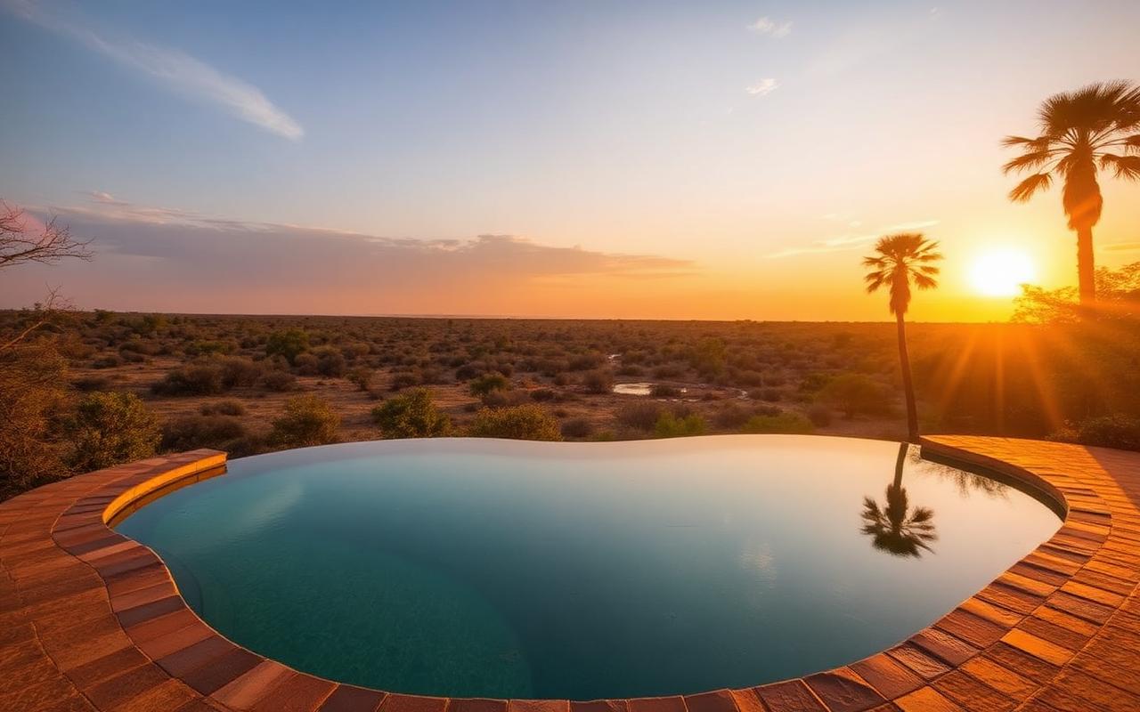 Resort pool overlooking dry-zone nature near Yala Sri Lanka at sunset with palm trees and warm golden light