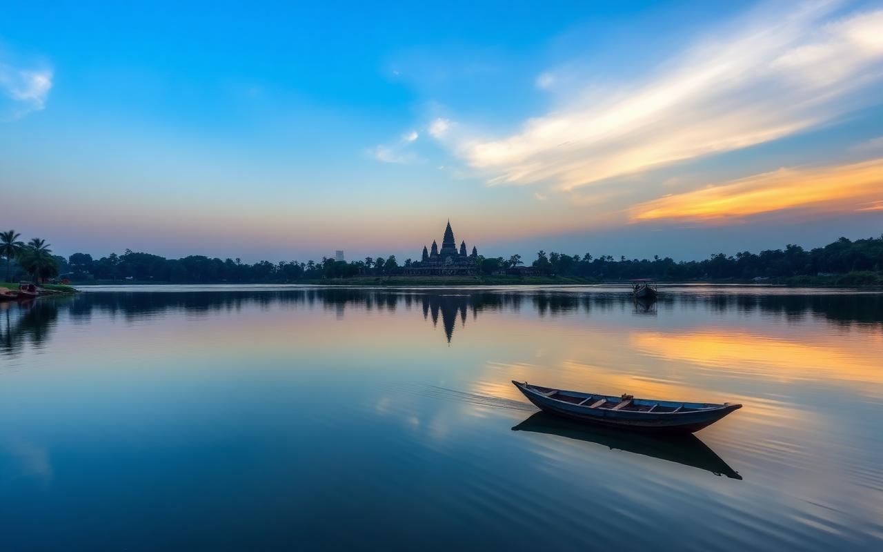 Tissamaharama lake (Tissa Wewa) Sri Lanka at sunrise with calm reflective water, ancient stupa silhouette in distance, palm trees and small fishing boats